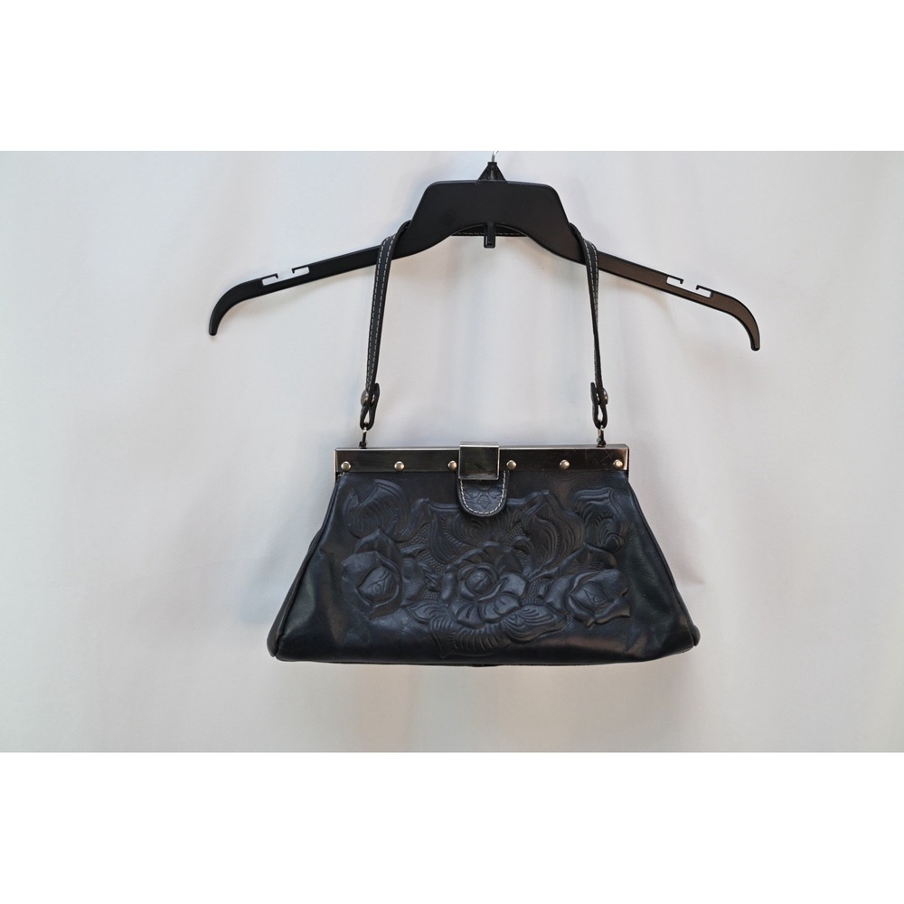 Patricia Nash Navy Italian Leather Floral Embossed Shoulder Bag Silver Hardware